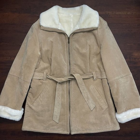 Wilsons Leather Tan Suede Jacket Coat Faux Fur‎ Lined Belted Tie Zip XL Collar - Picture 1 of 14